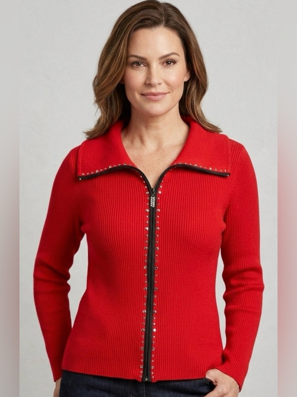 Belldini Red Ribbed Knit Zip-Front Cardigan Sweater Rhinestone Trim XL
